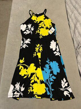 NWT BAR III Floral Print Halter Fit Flare Dress Black Yellow Blue Women Small